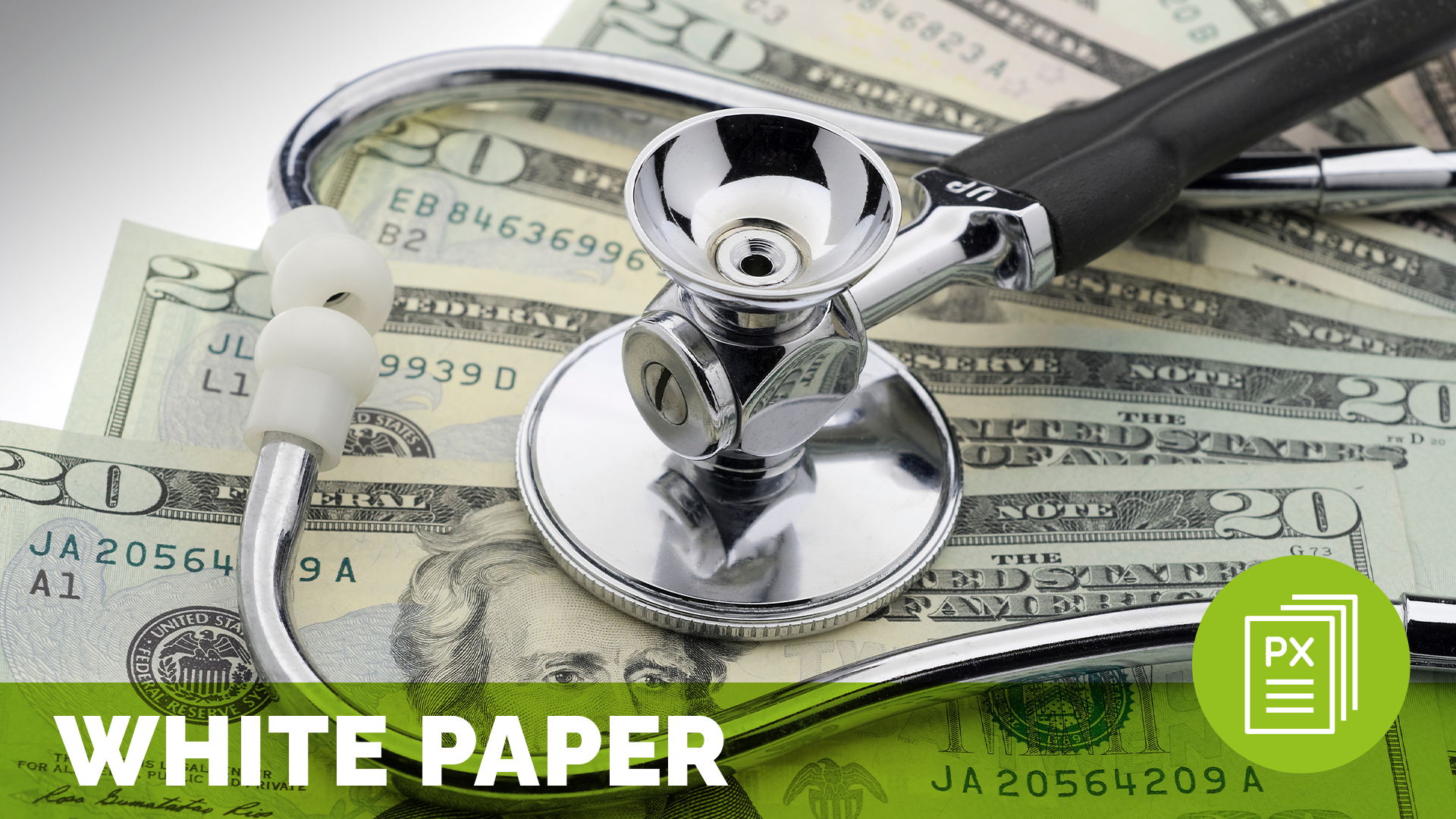 a stethoscope on top of money, meant to represent hospital financial performance